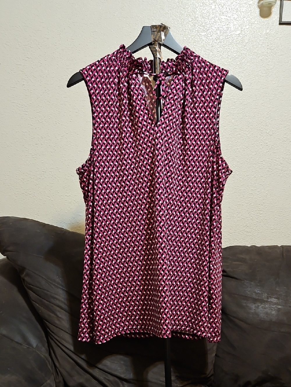 Michael Kors Sleeveless Tie-Neck Blouse in Fuchsia Geometric